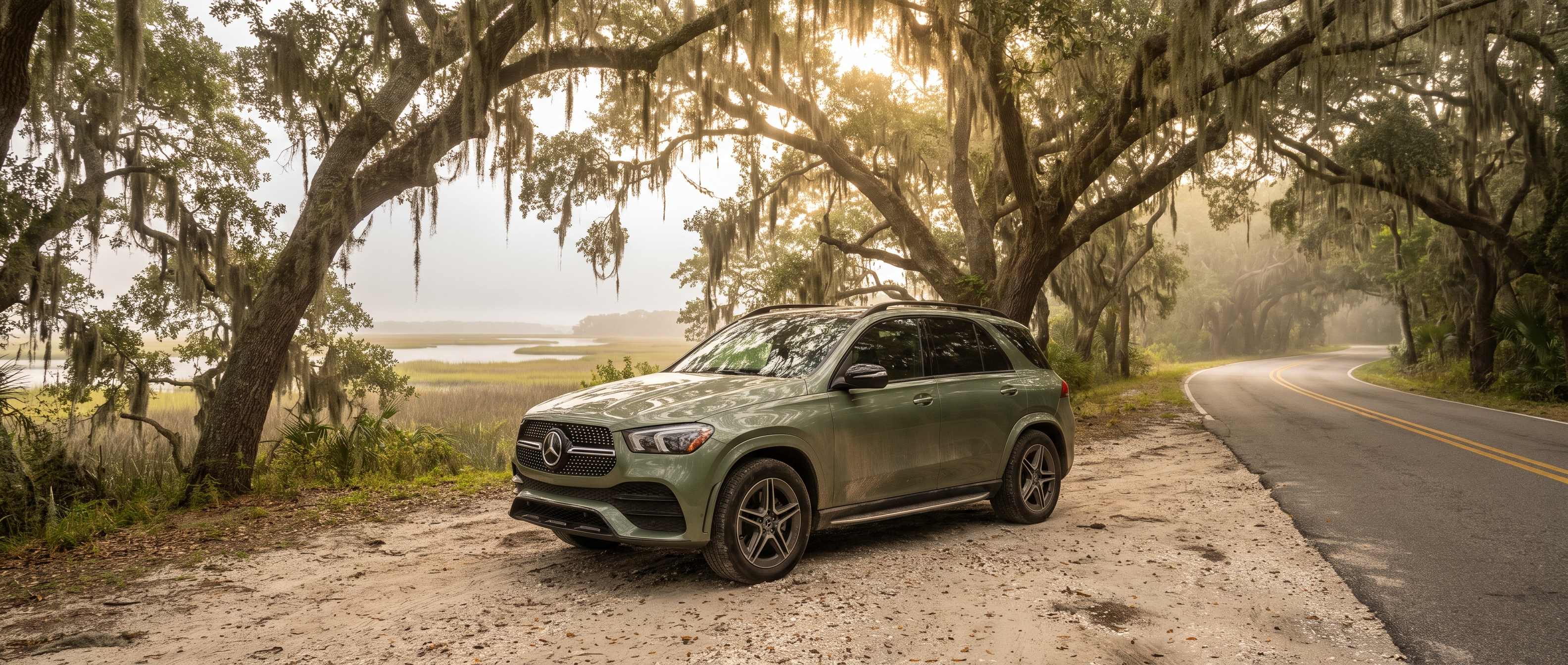 2026 Mercedes-Benz GLE on a lowcountry coastal road en route to Hilton Head Island from Atlanta, Georgia